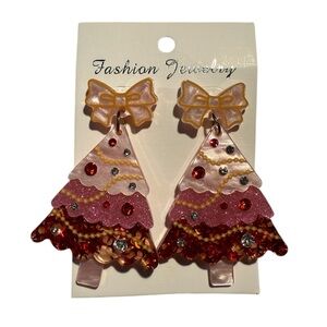 Pink & Red Sparkly Christmas Tree Earrings